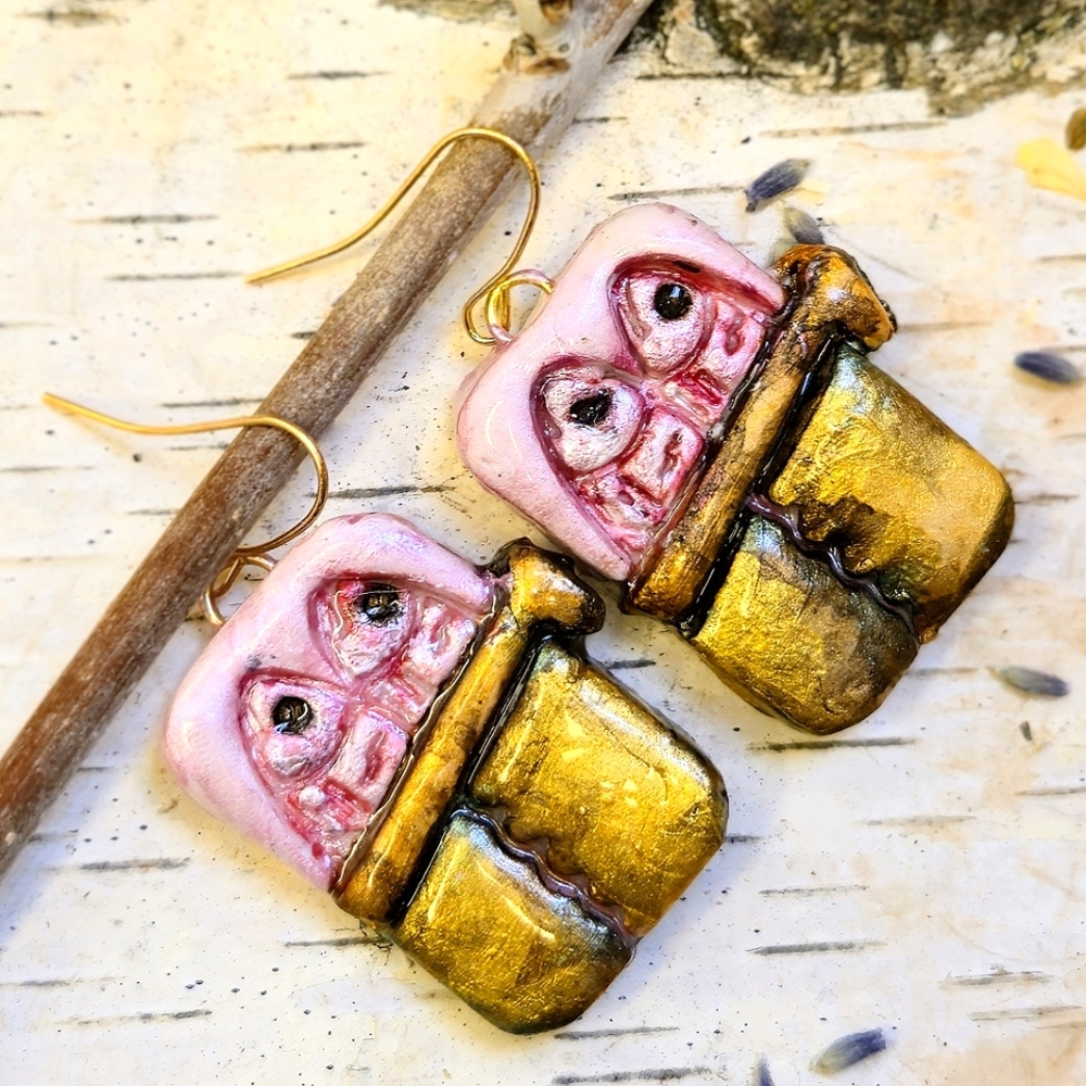 Handpainted Rustic Pink Two Sardines In Can Earrings